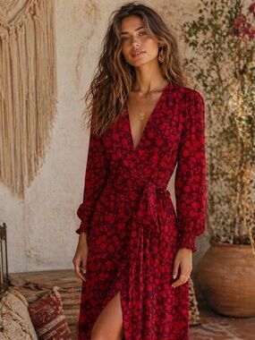 Red Floral Forest Fairy Wrap Midi Dress